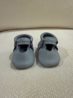 Freshly Picked Blue Leather Baby T-Strap Moccasins